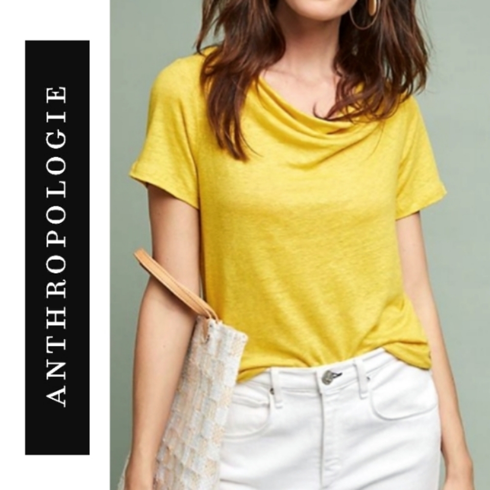 Maeve Anthropologie Horizon Linen open back cap sleeved top Gold Mustard Yellow